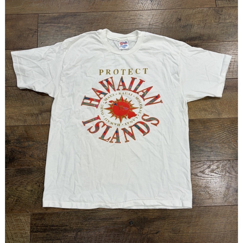 Vintage 90s Protect Hawaiian Islands Graphic Tee Made In USA White‎ Large